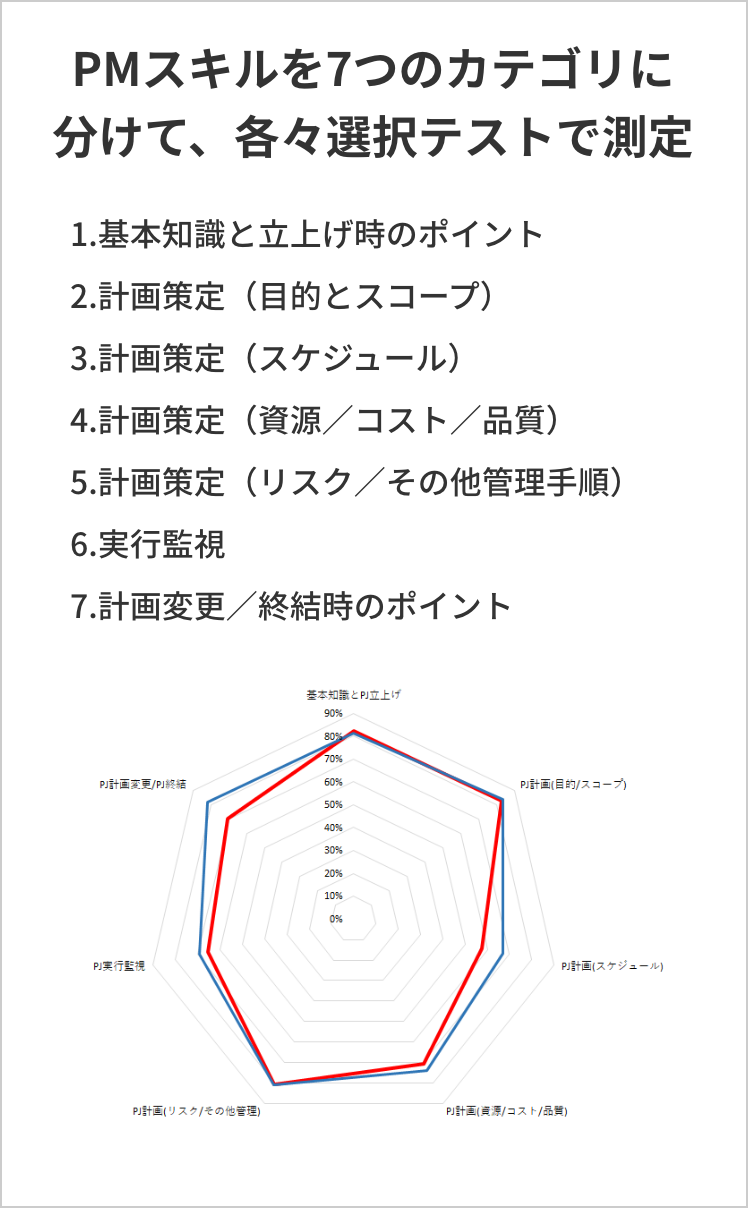 PMスキルの7つのカテゴリ 1.基本知識と立上げ時のポイント、2.計画策定（目的とスコープ）、3.計画策定（スケジュール）、4.計画策定（資源／コスト／品質）、5.計画策定（リスク／その他管理手順）、6.実行監視、7.計画変更／終結時のポイント